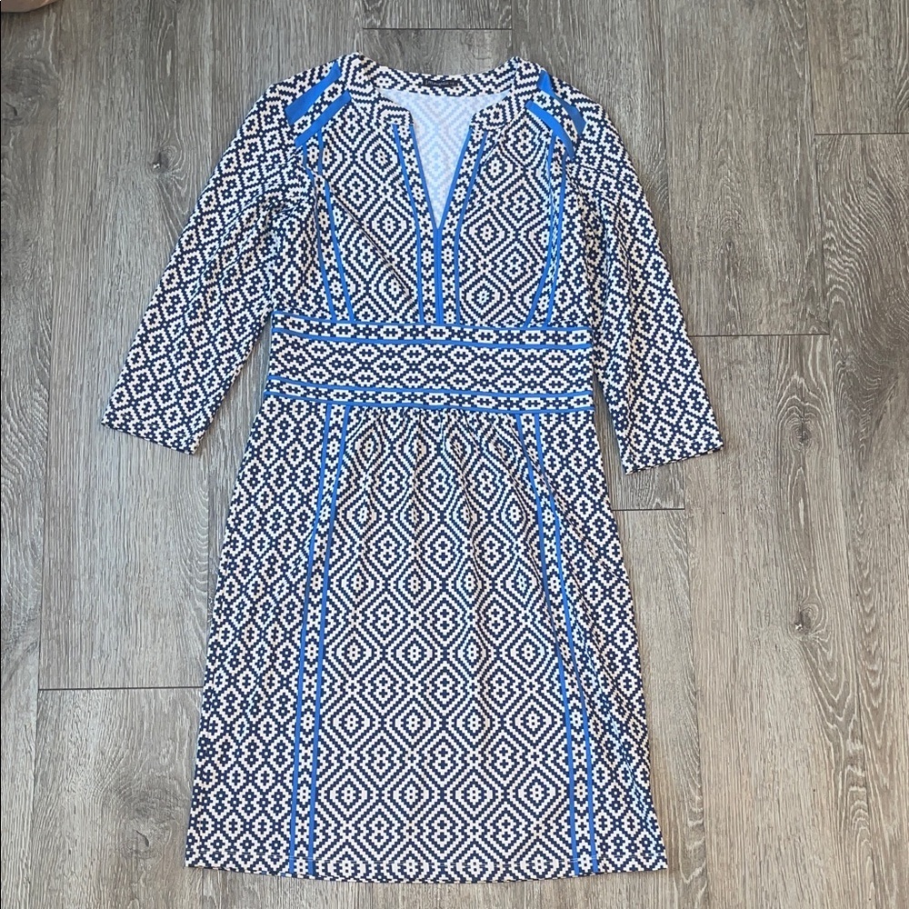 J. McLaughlin Geometric Long Sleeve Dress blue business casual geo print - Picture 1 of 9